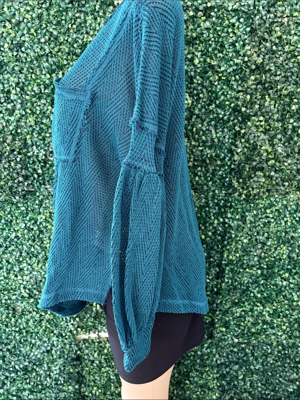 Free People Teal Chevron Knit V-Neck Pocket Blouse